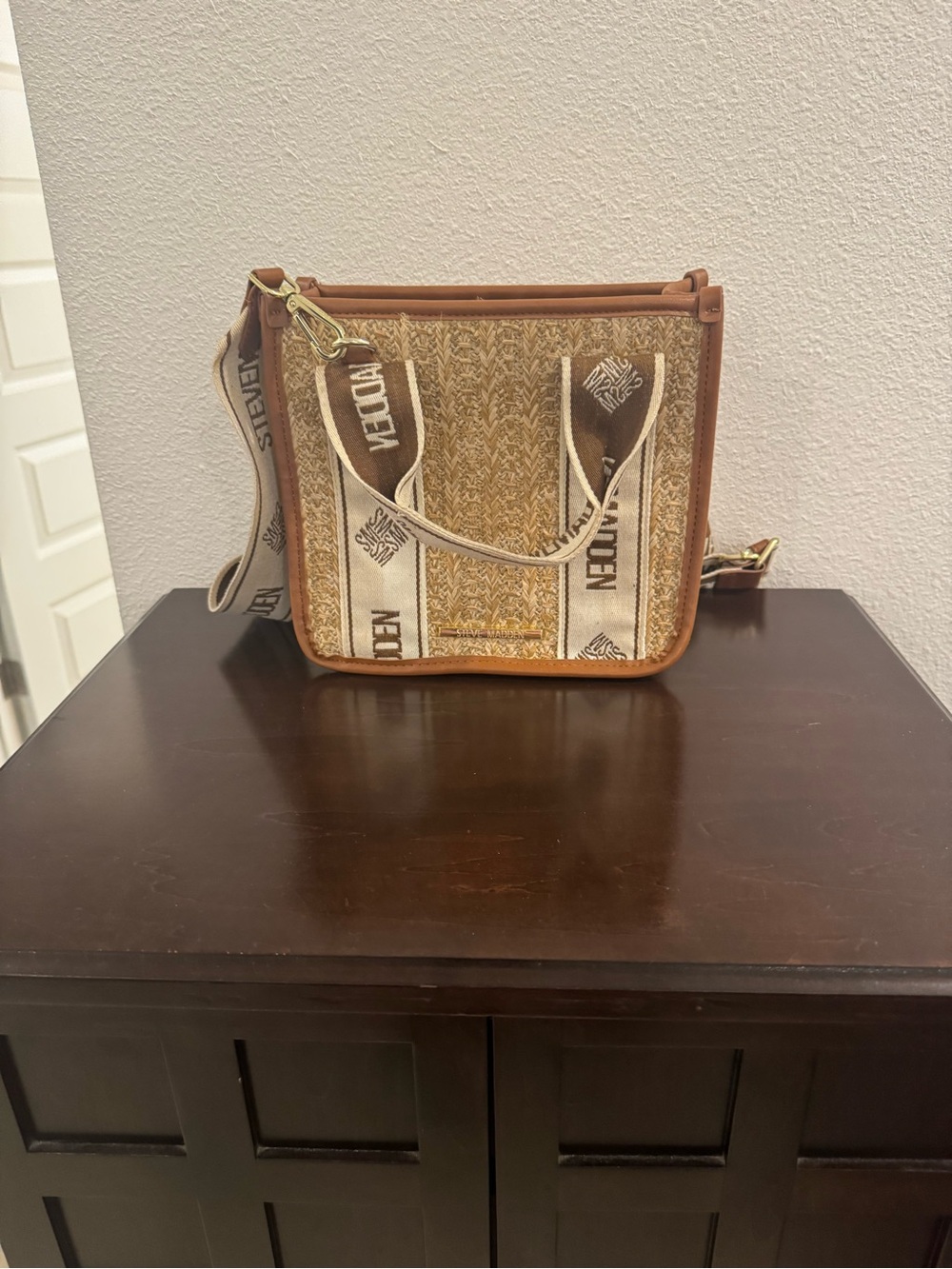 Steve Madden Tan and Cream Textured Weave Crossbody with Logo Strap